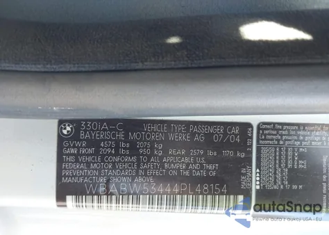 2004 BMW 330Ci из США, поврежденный, VIN WBABW53444PL48154